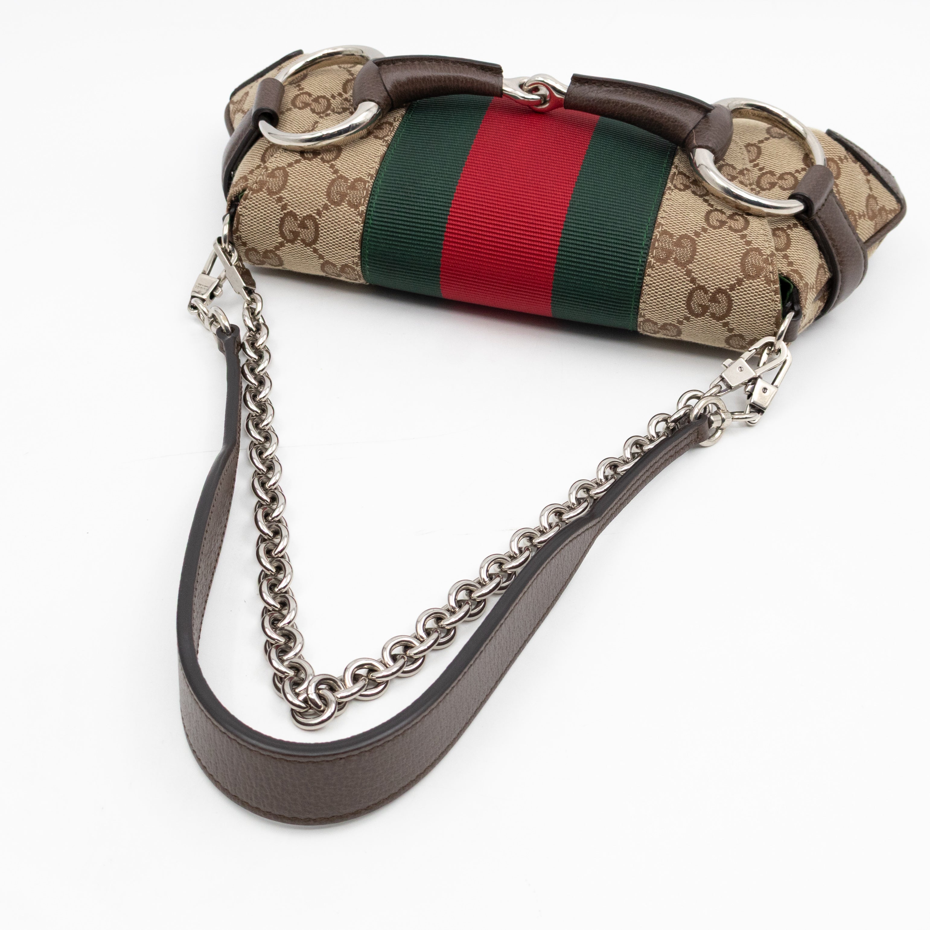 Horsebit Chain Small Shoulder Bag GG Canvas Brown Leather