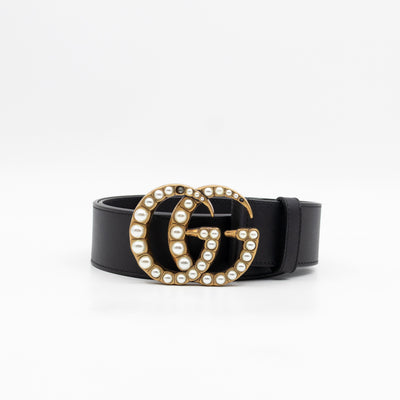 GG Marmont Pearls Belt Black Leather 90/36