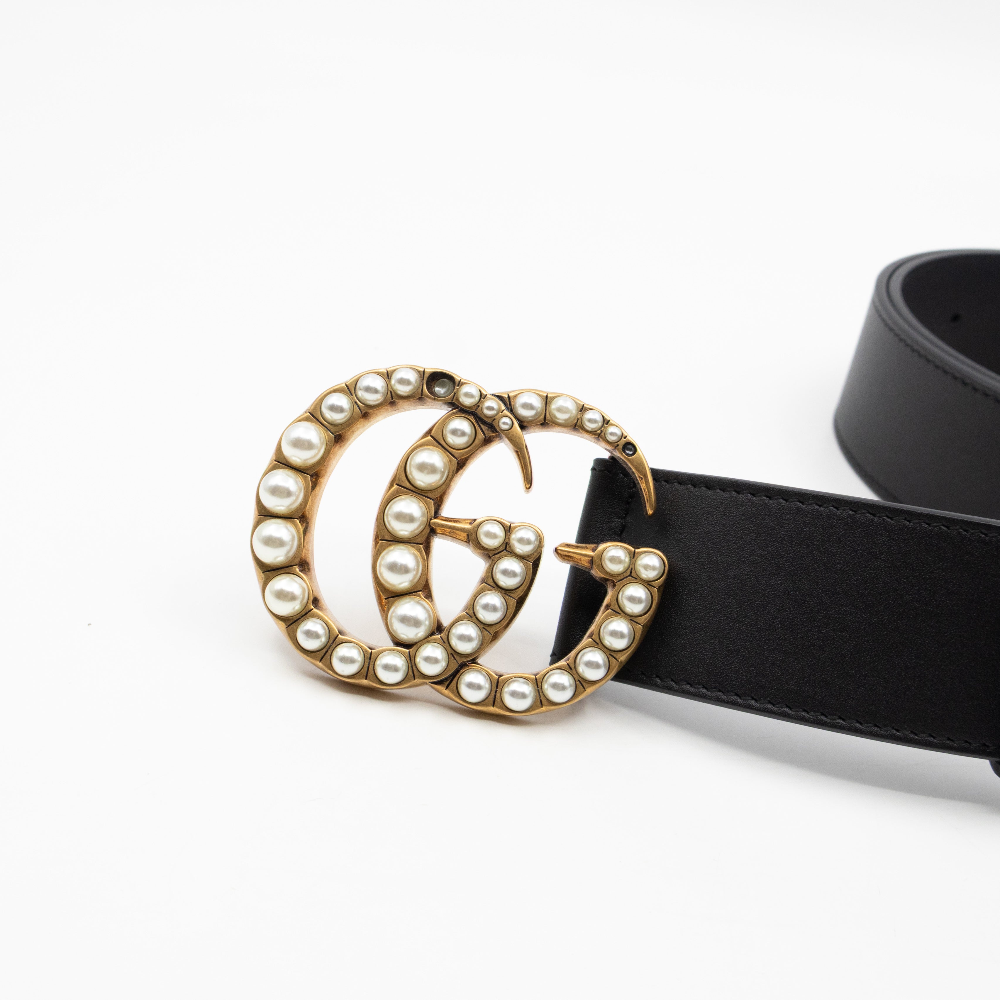 GG Marmont Pearls Belt Black Leather 90/36