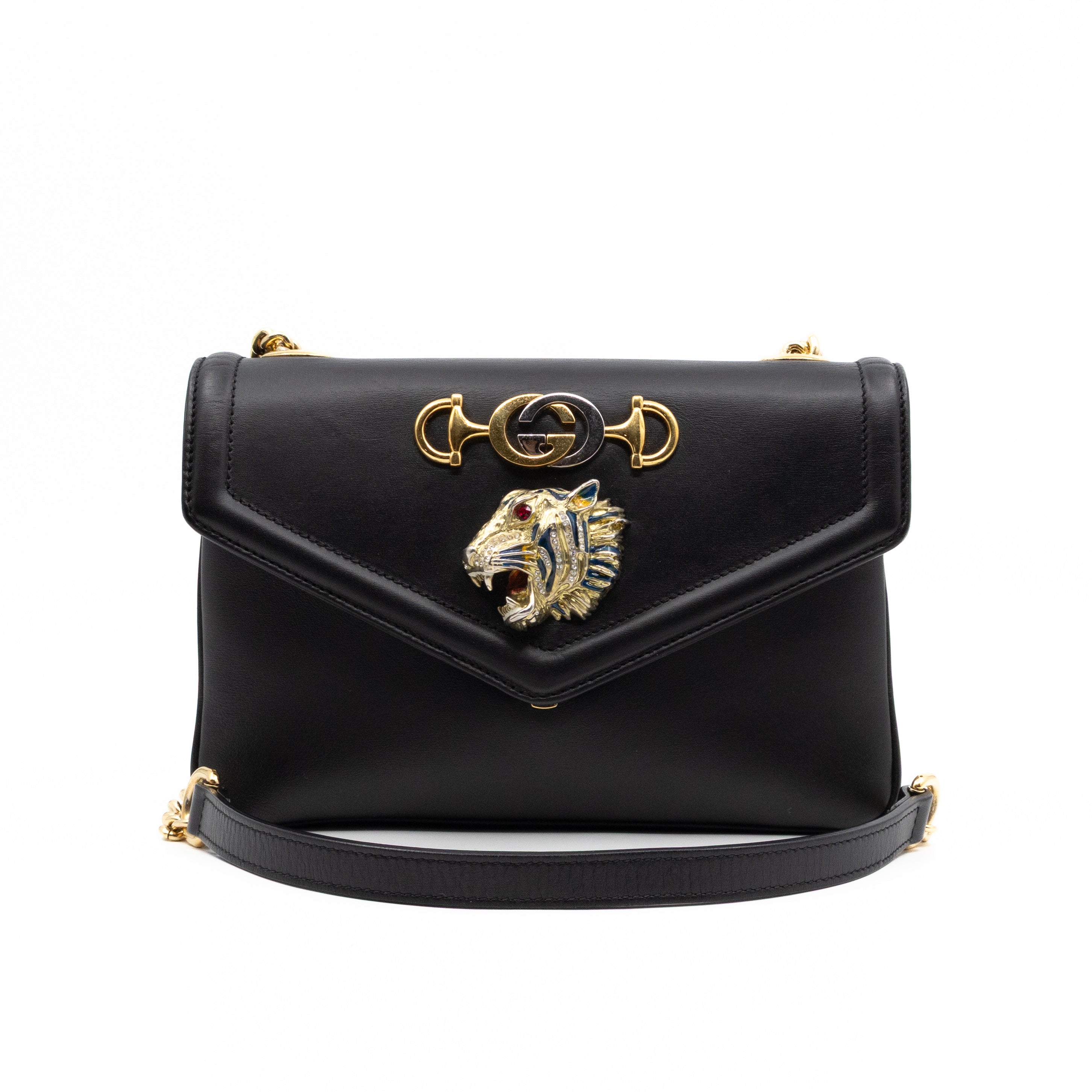 Rajah Small Tiger Head Chain Shoulder Bag Black Leather