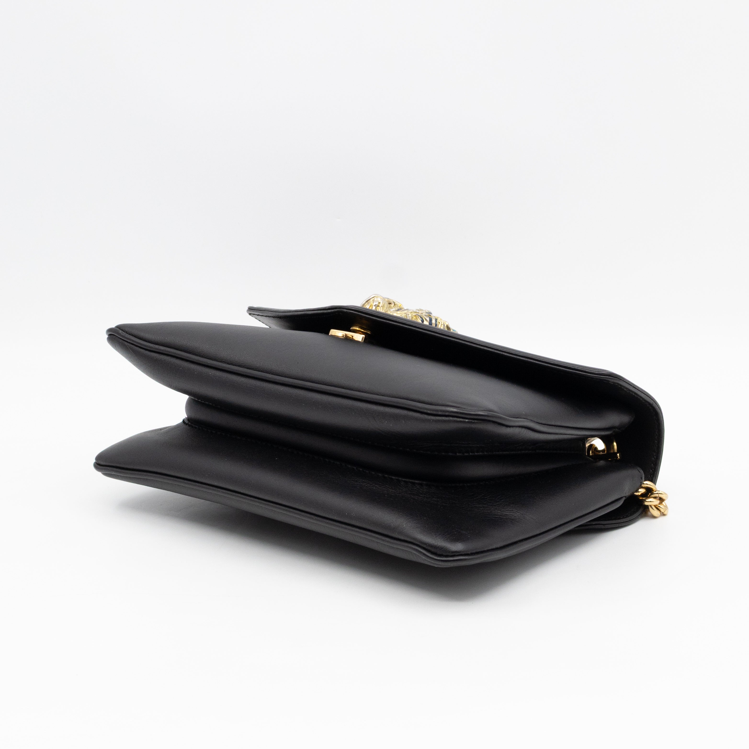 Rajah Small Tiger Head Chain Shoulder Bag Black Leather