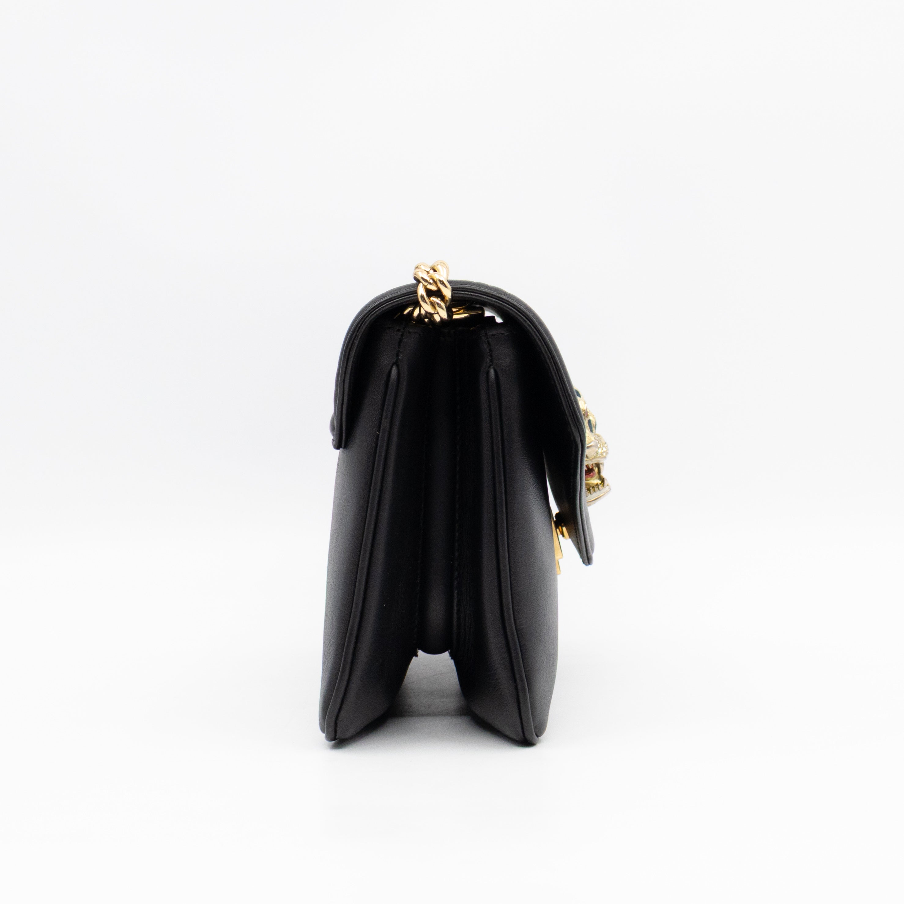 Rajah Small Tiger Head Chain Shoulder Bag Black Leather