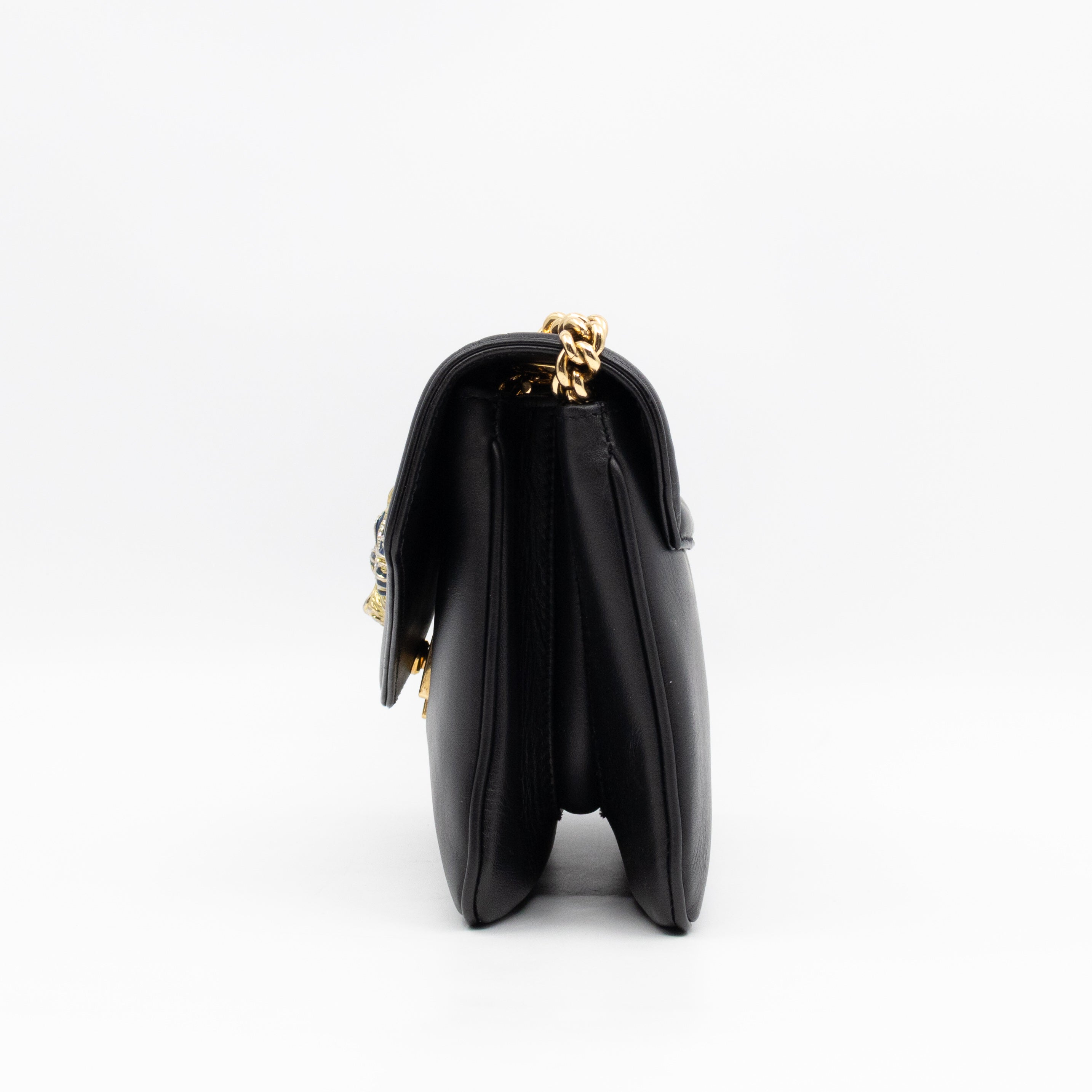 Rajah Small Tiger Head Chain Shoulder Bag Black Leather