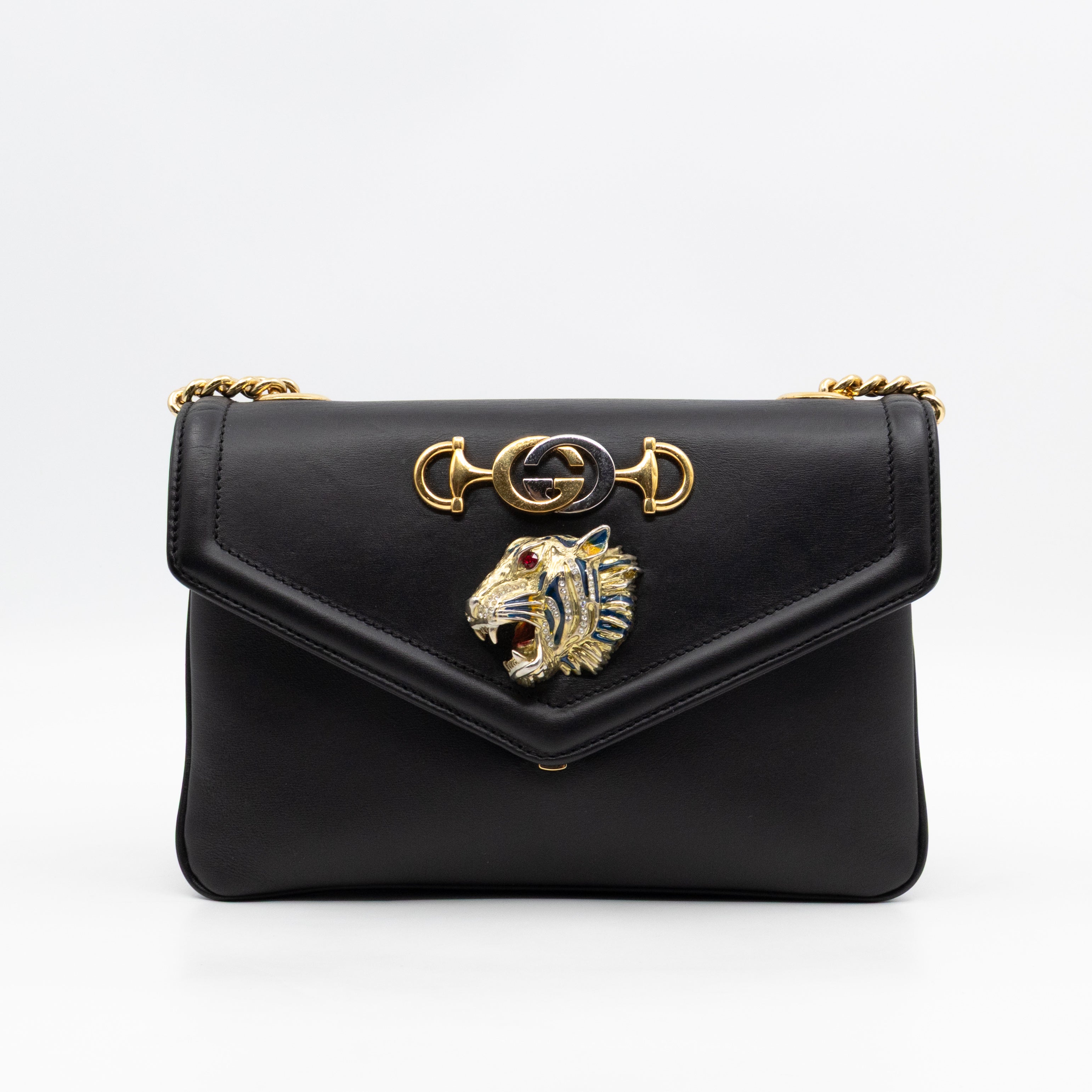Rajah Small Tiger Head Chain Shoulder Bag Black Leather