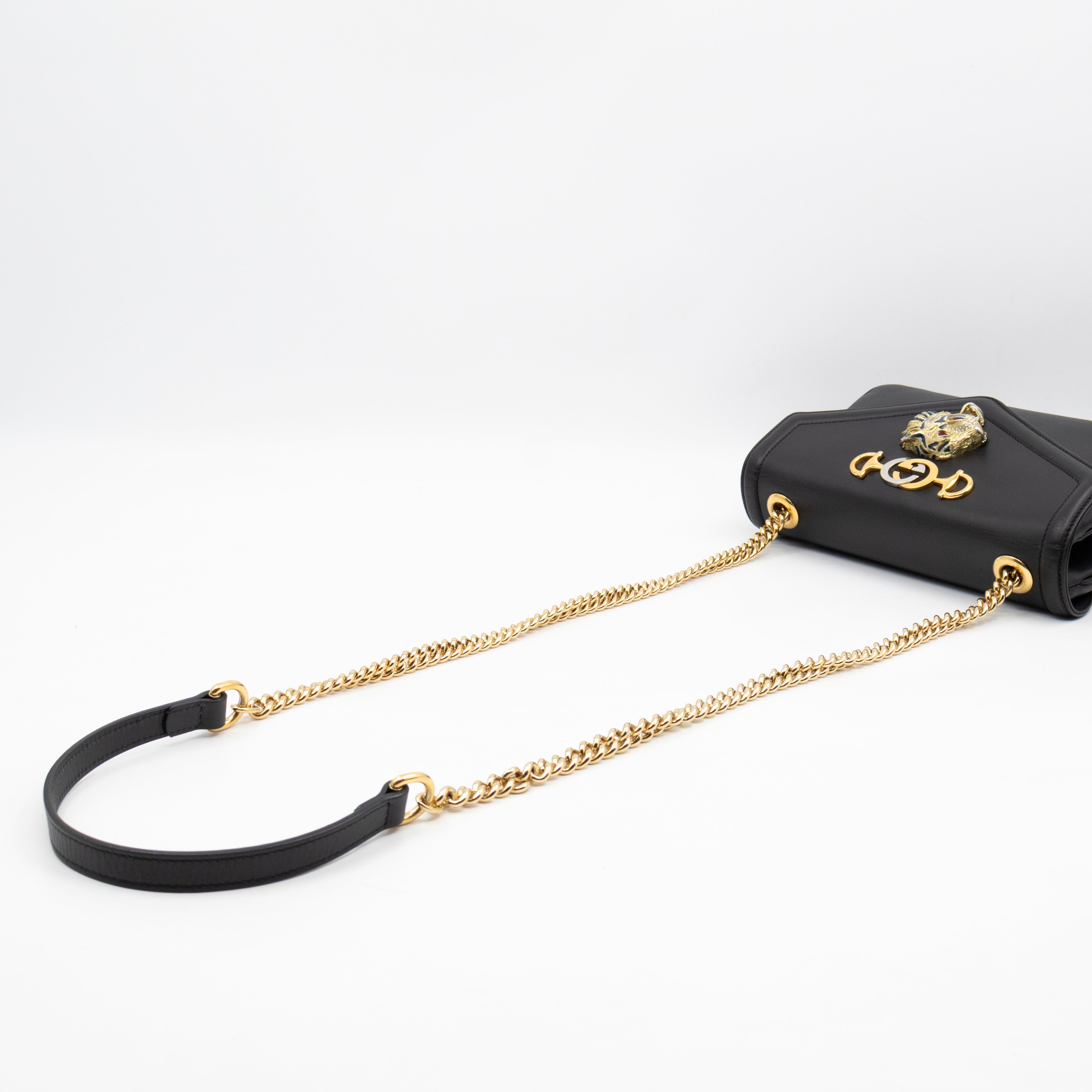 Rajah Small Tiger Head Chain Shoulder Bag Black Leather