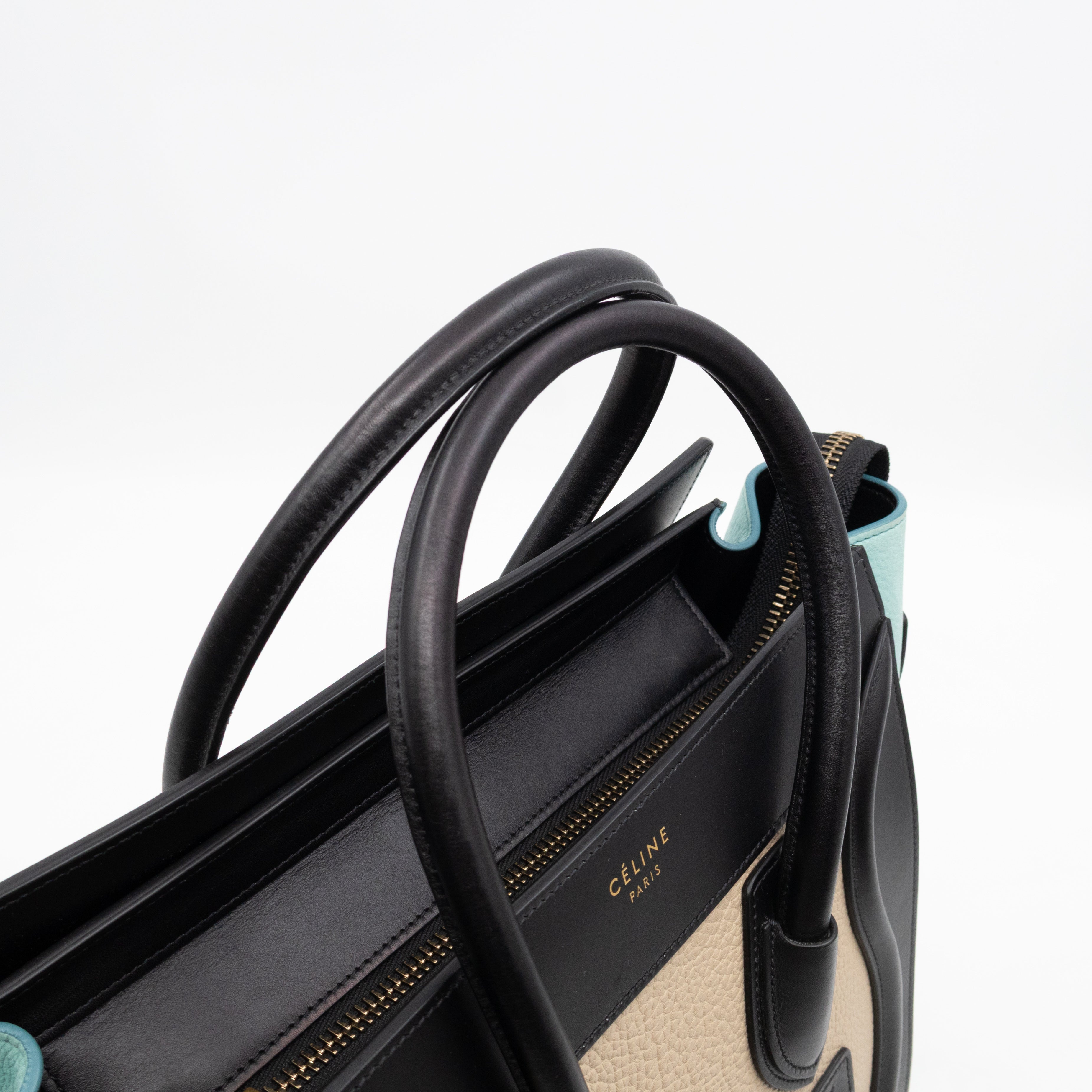 Micro Luggage Black & Mint Blue & Beige Leather