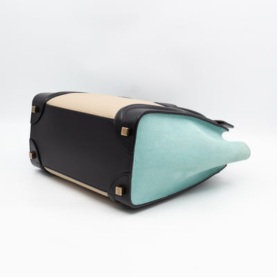Micro Luggage Black & Mint Blue & Beige Leather