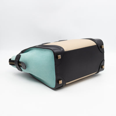 Micro Luggage Black & Mint Blue & Beige Leather