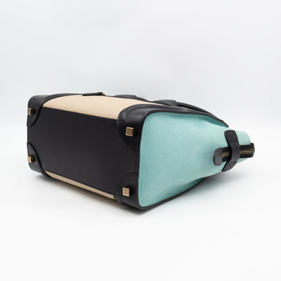 Micro Luggage Black & Mint Blue & Beige Leather