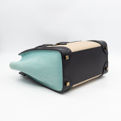 Micro Luggage Black & Mint Blue & Beige Leather