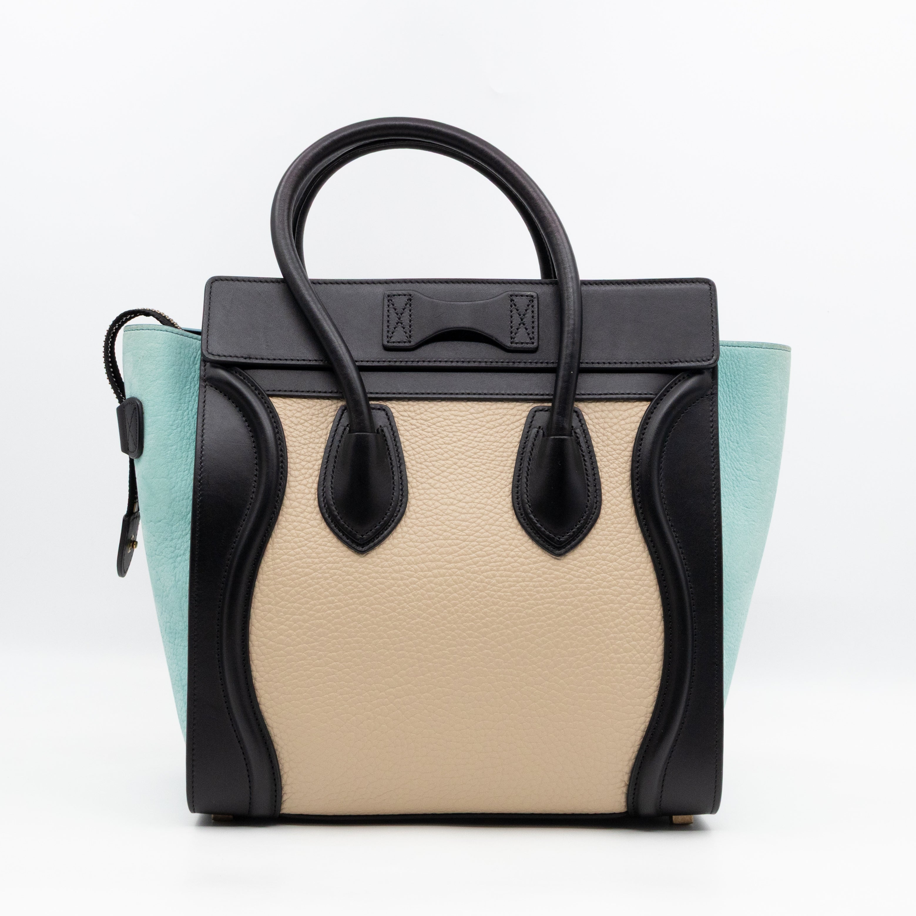 Micro Luggage Black & Mint Blue & Beige Leather