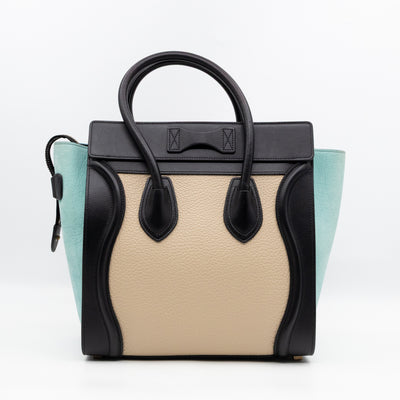 Micro Luggage Black & Mint Blue & Beige Leather