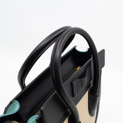 Micro Luggage Black & Mint Blue & Beige Leather