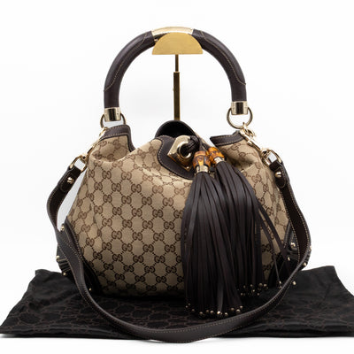 Indy Top Handle Tassels GG Supreme Canvas Brown Leather