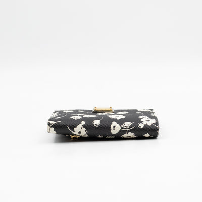 French-Flap Wallet White Flowers Print Black Dauphine