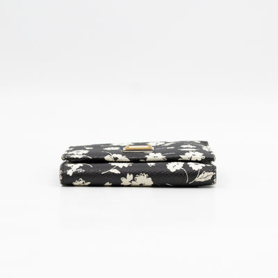 French-Flap Wallet White Flowers Print Black Dauphine