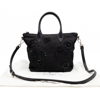 Ricamo Tote Floral Beaded Black Nylon