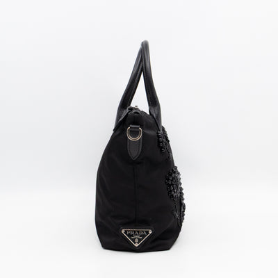 Ricamo Tote Floral Beaded Black Nylon