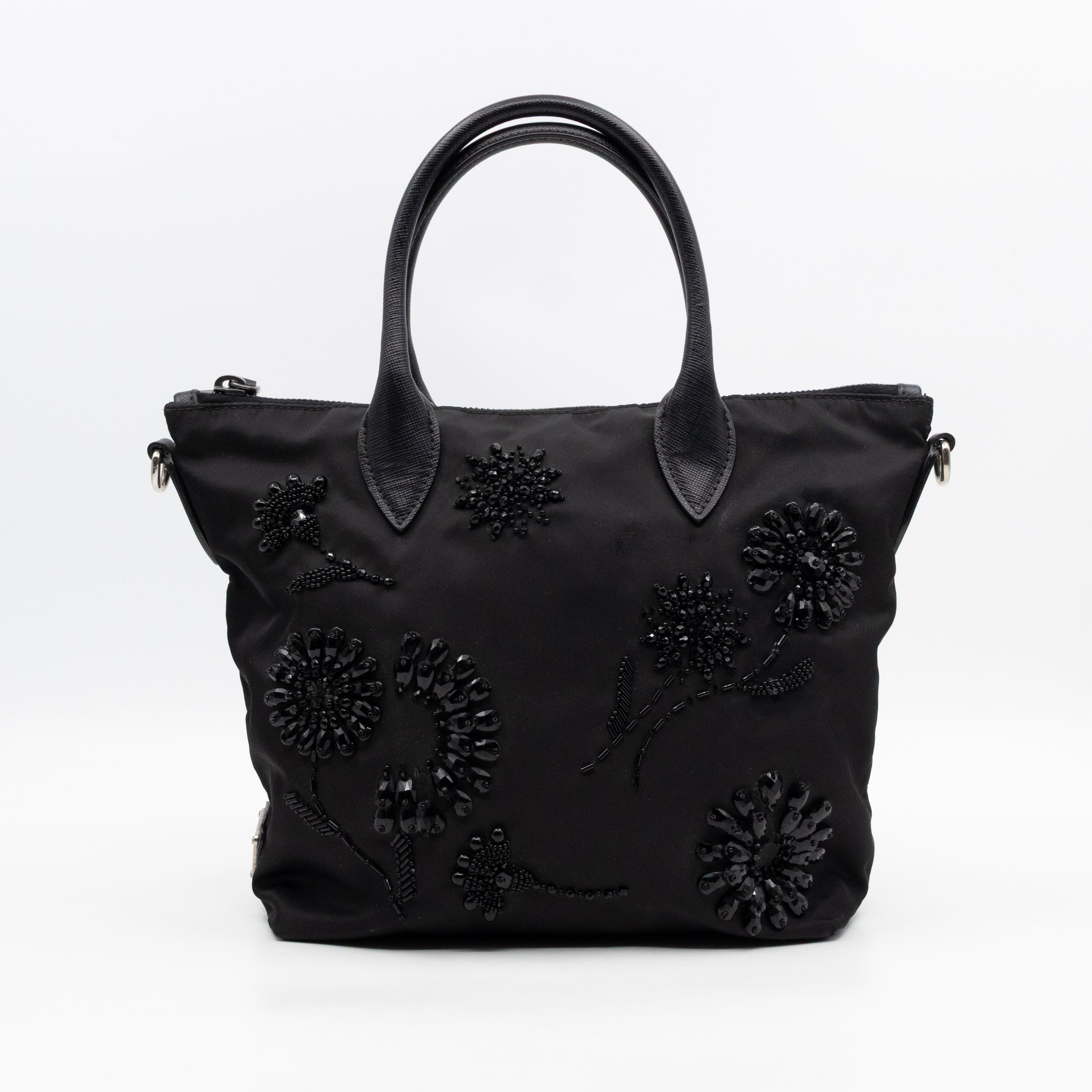 Ricamo Tote Floral Beaded Black Nylon