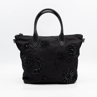 Ricamo Tote Floral Beaded Black Nylon