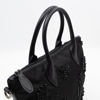 Ricamo Tote Floral Beaded Black Nylon