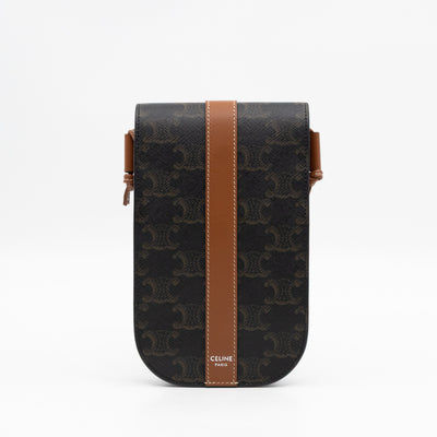 Phone Pouch with Flap Triomphe Canvas Tan Calfskin Leather