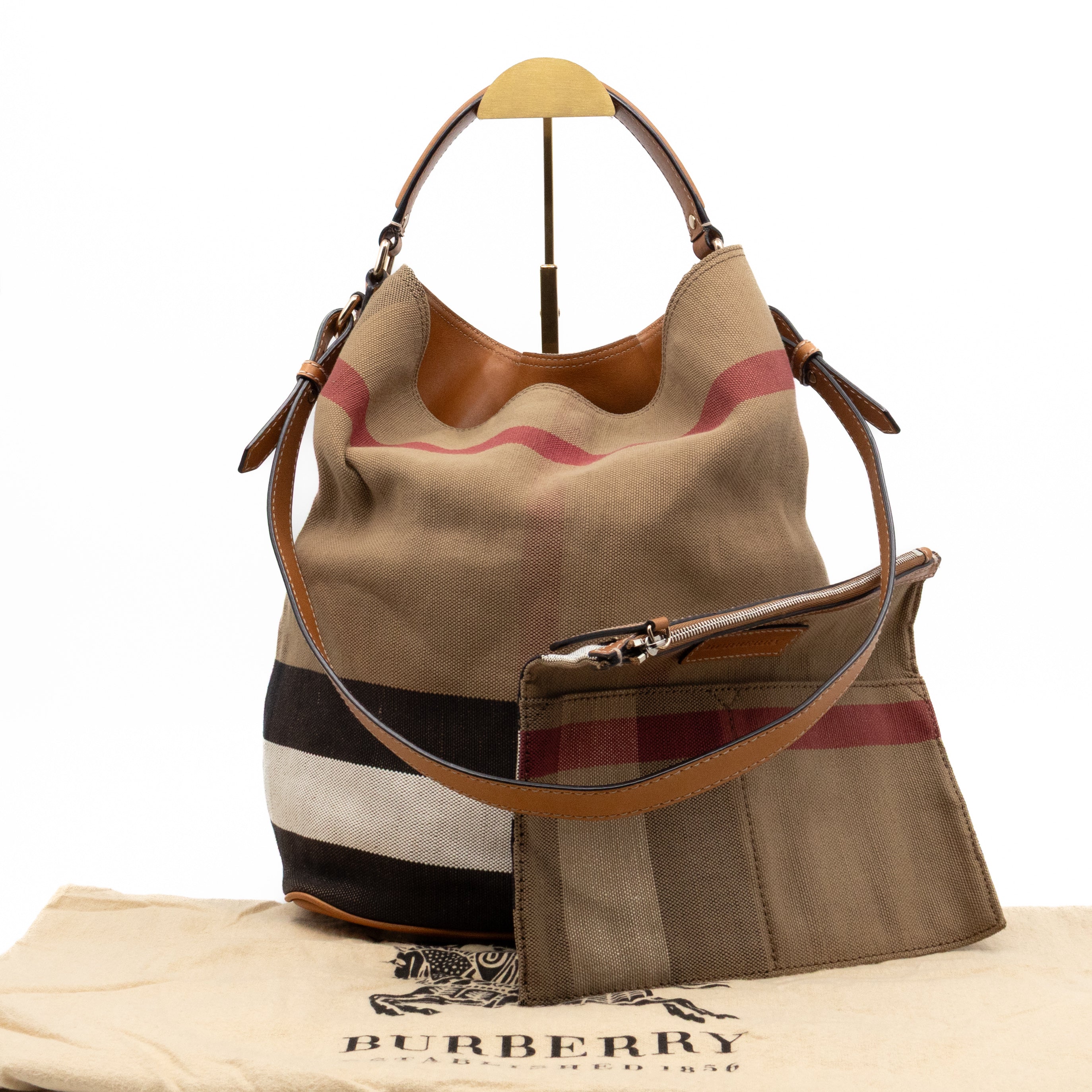 Ashby Bucket Bag Check Canvas Brown Leather