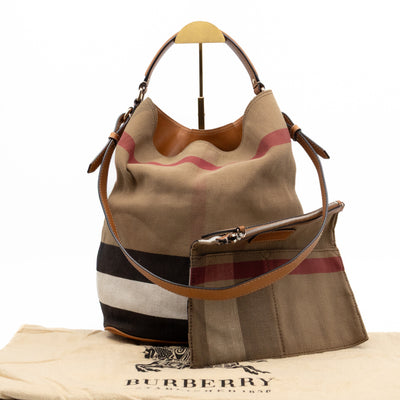 Ashby Bucket Bag Check Canvas Brown Leather