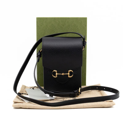 Horsebit Vertical Crossbody Bag Black Leather