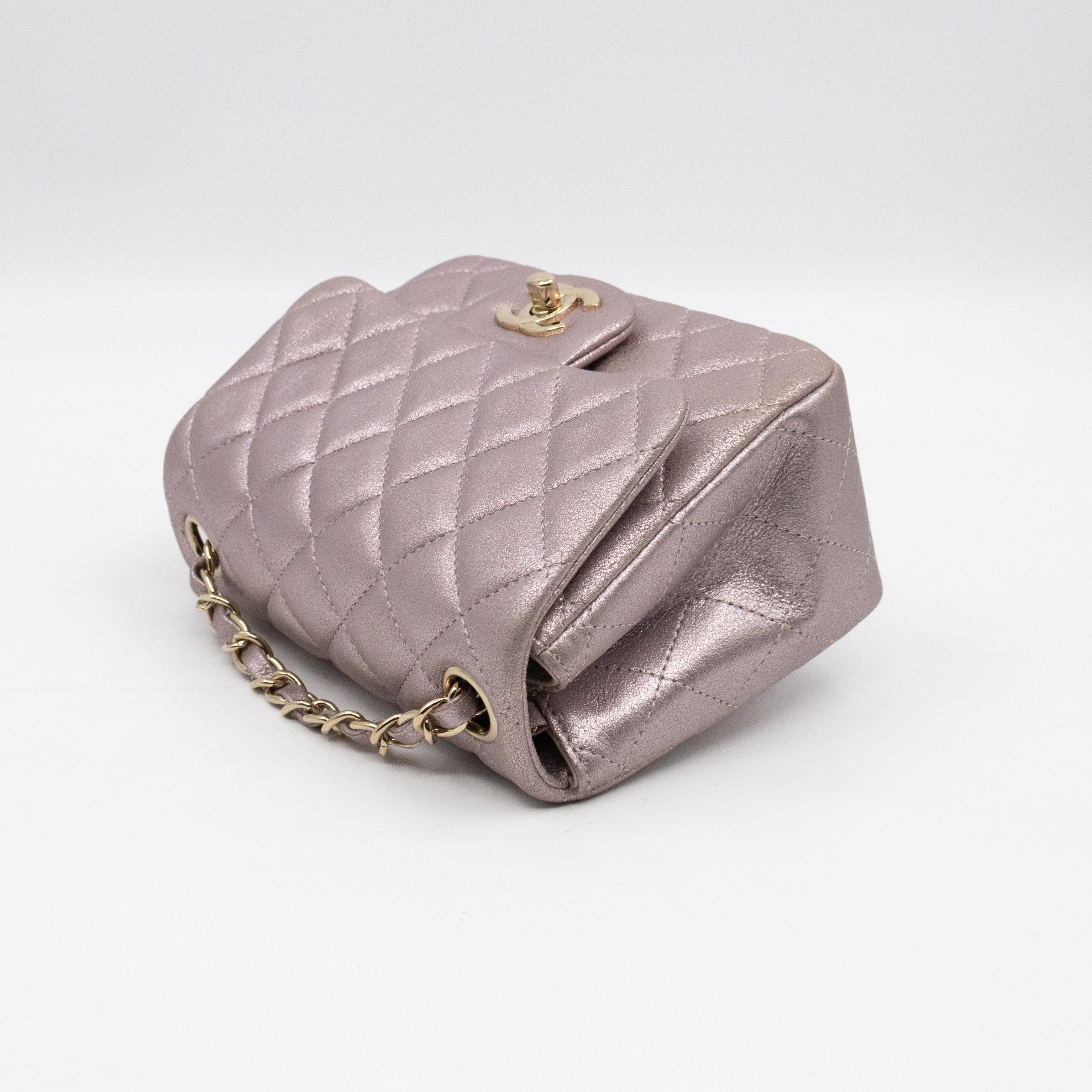 Classic Flap Mini Square Light Pink Metallic Goatskin