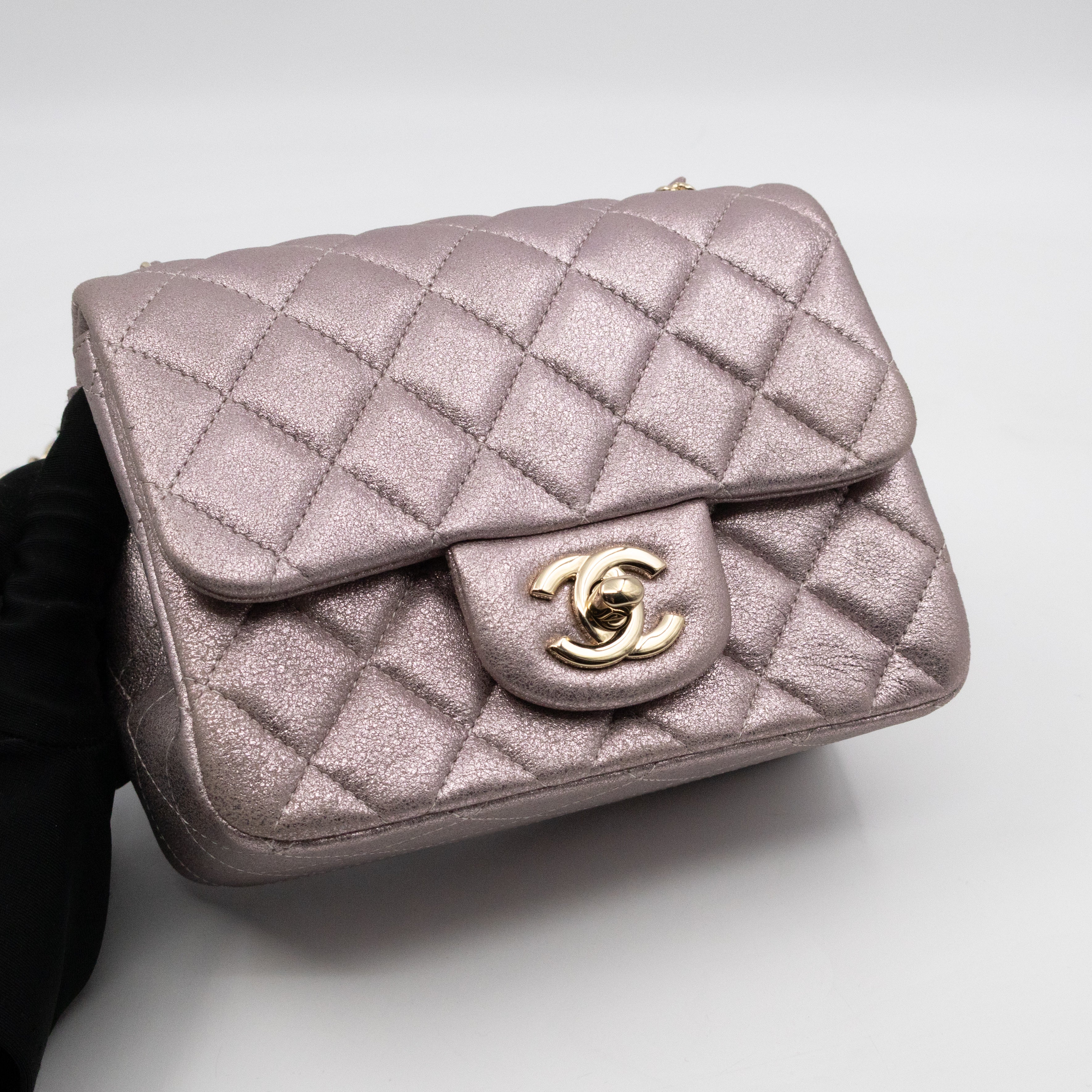 Classic Flap Mini Square Light Pink Metallic Goatskin