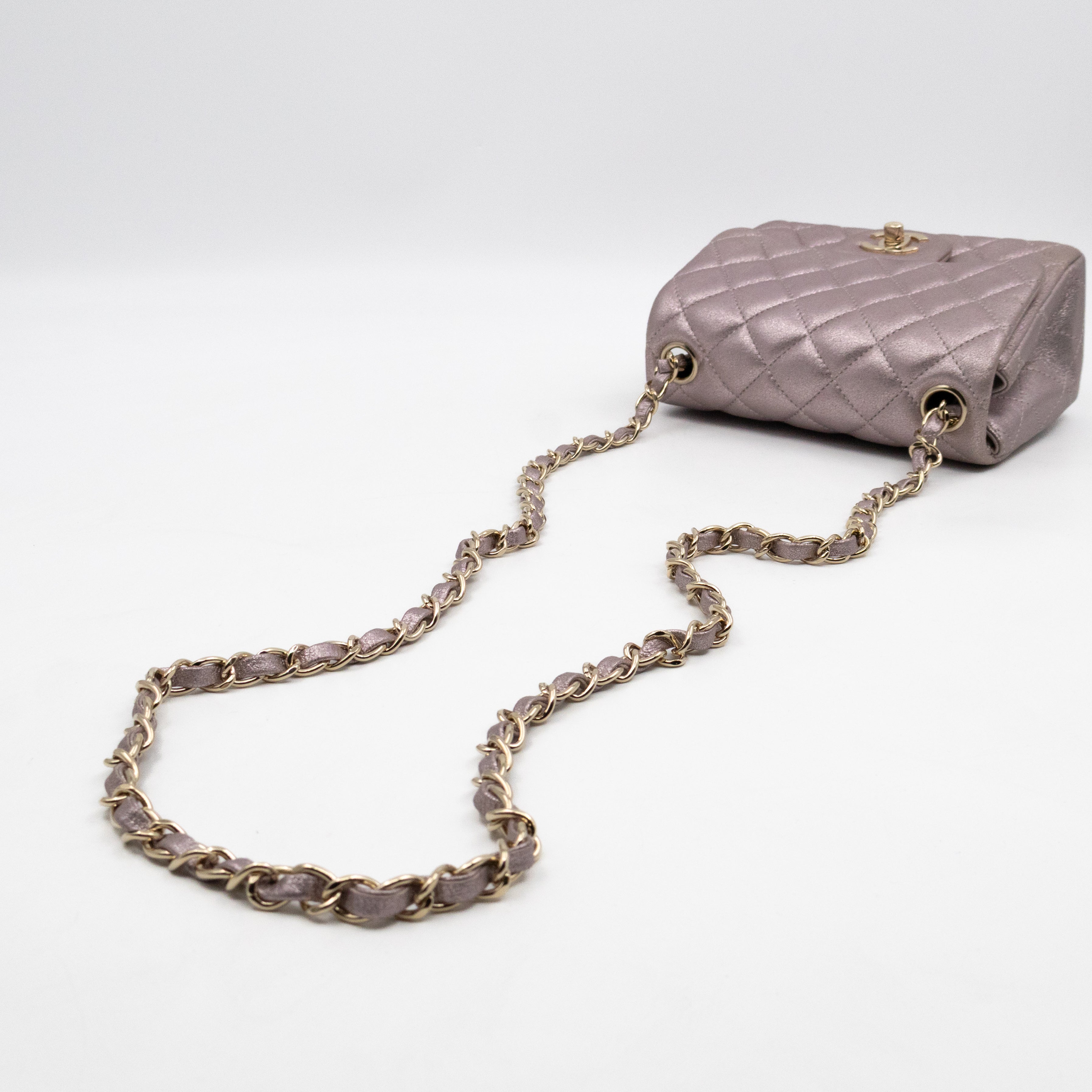 Classic Flap Mini Square Light Pink Metallic Goatskin