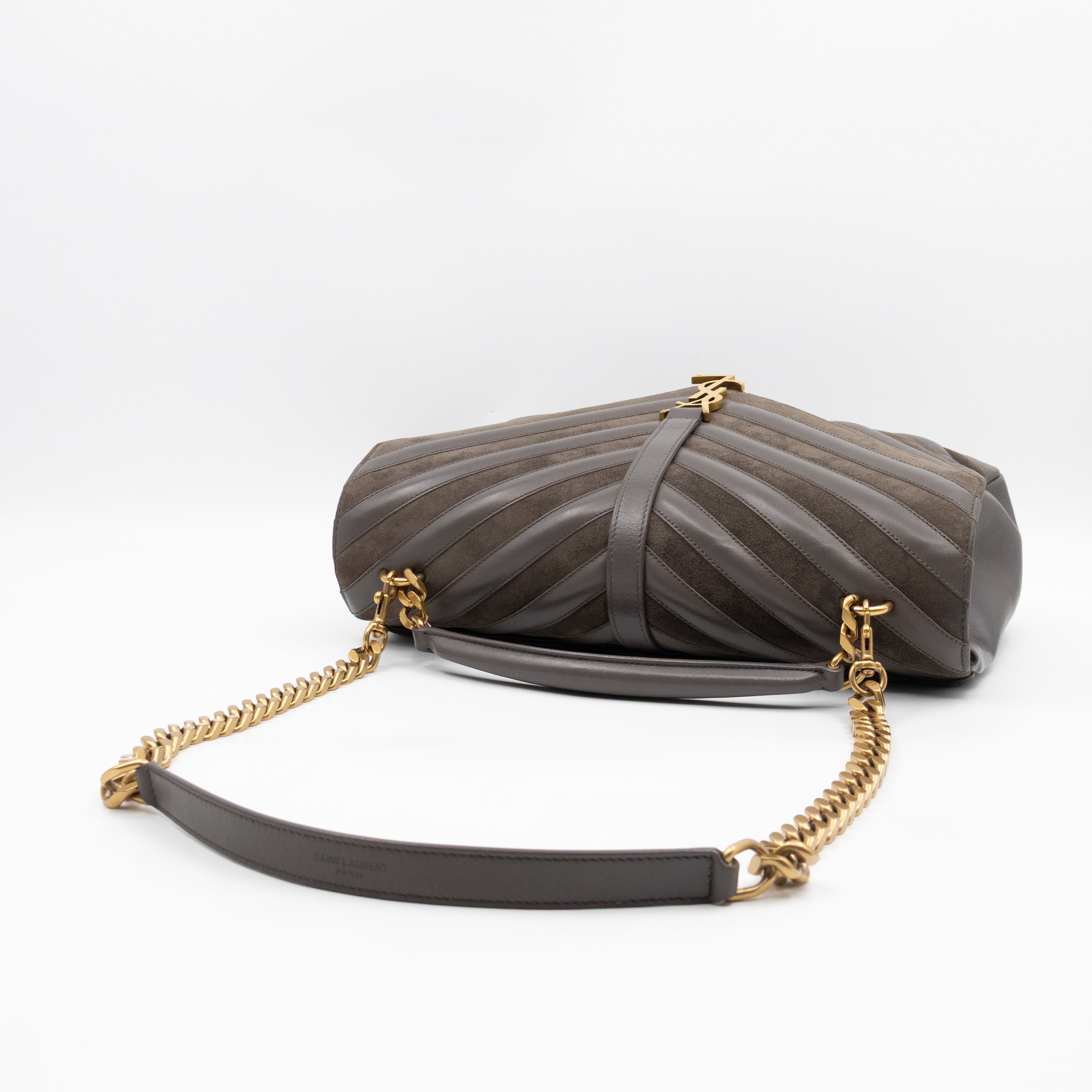 College Large Chevron Quilted Gray Suede Leather