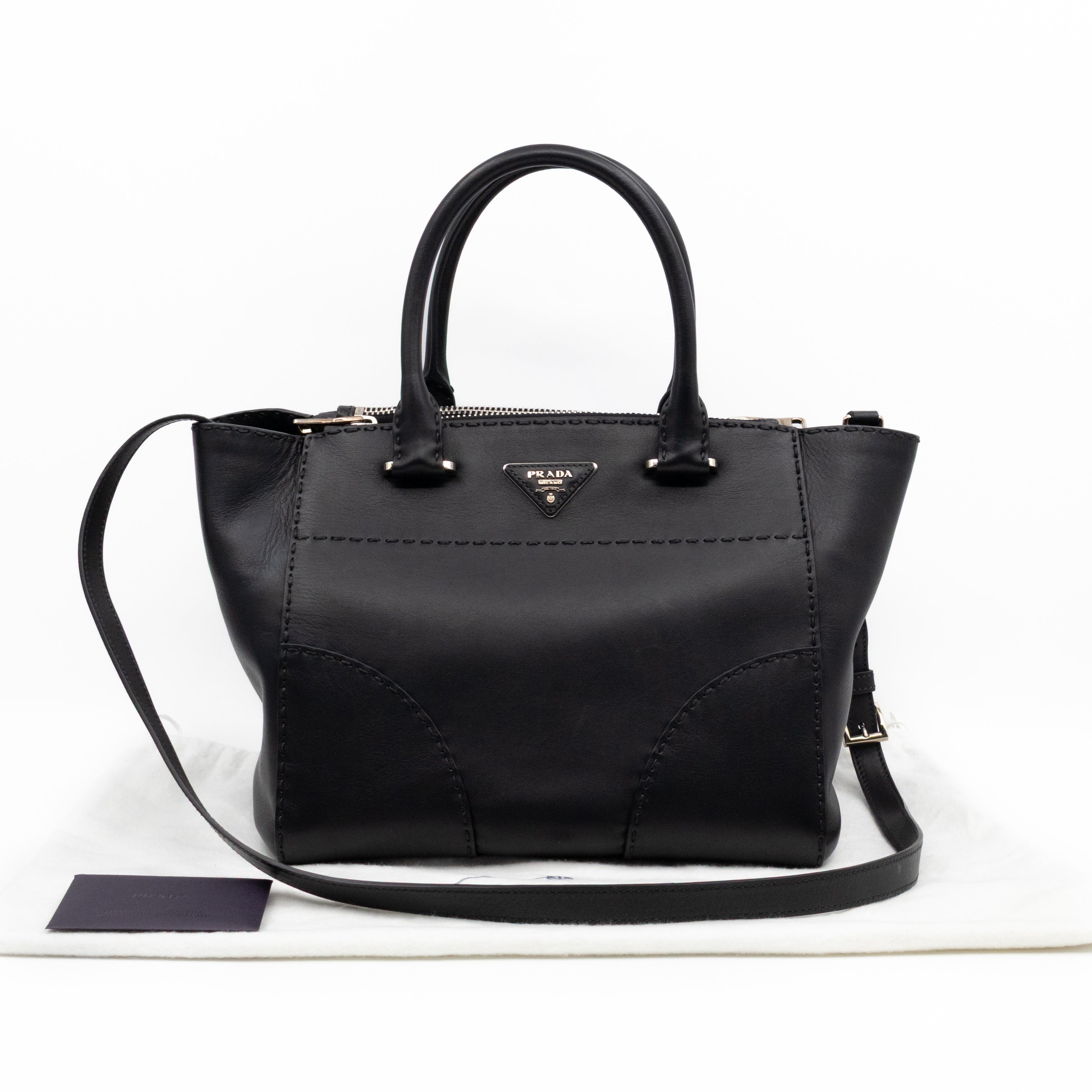 City Stitched Twin Tote Bag Black Calf Leather