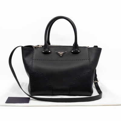 City Stitched Twin Tote Bag Black Calf Leather