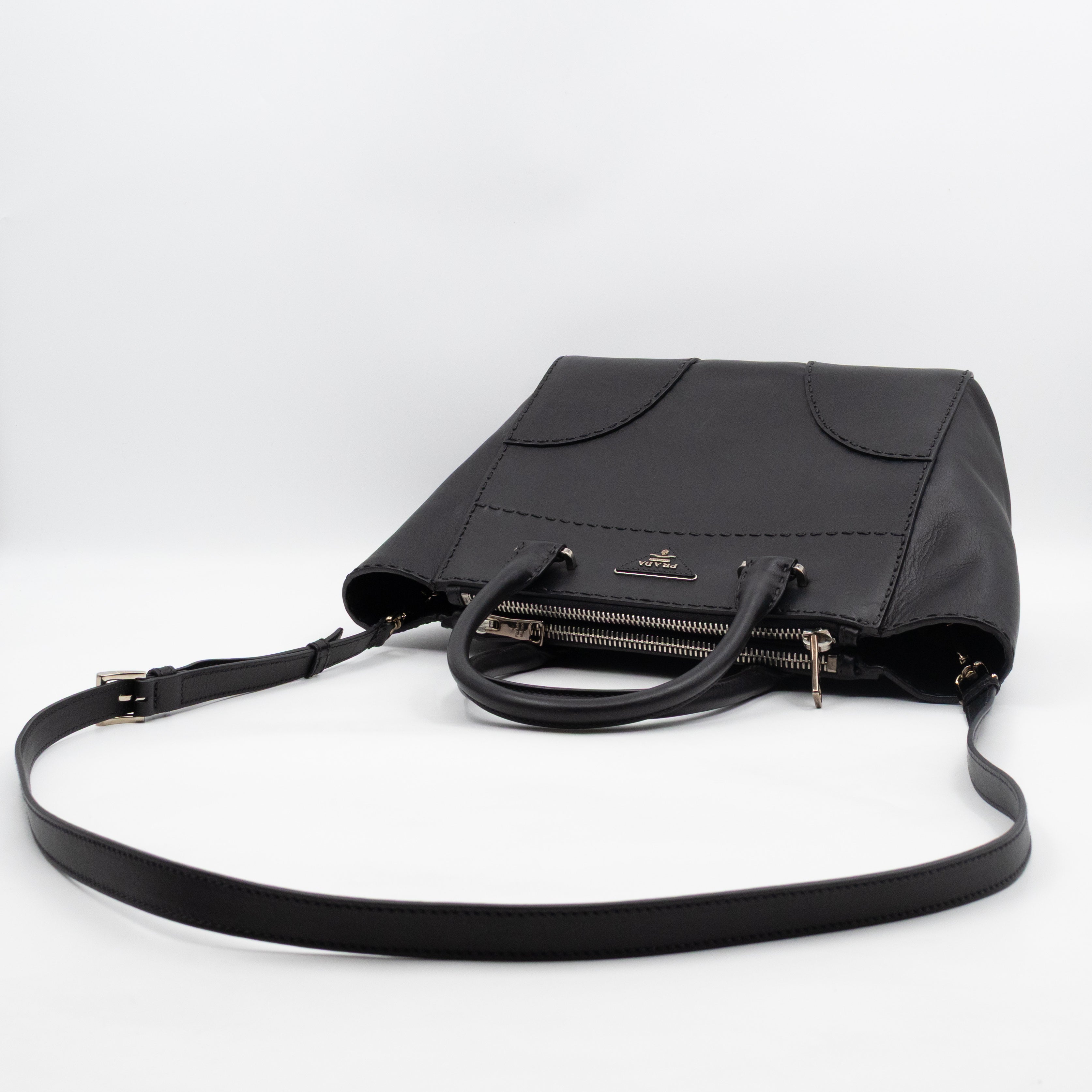 City Stitched Twin Tote Bag Black Calf Leather