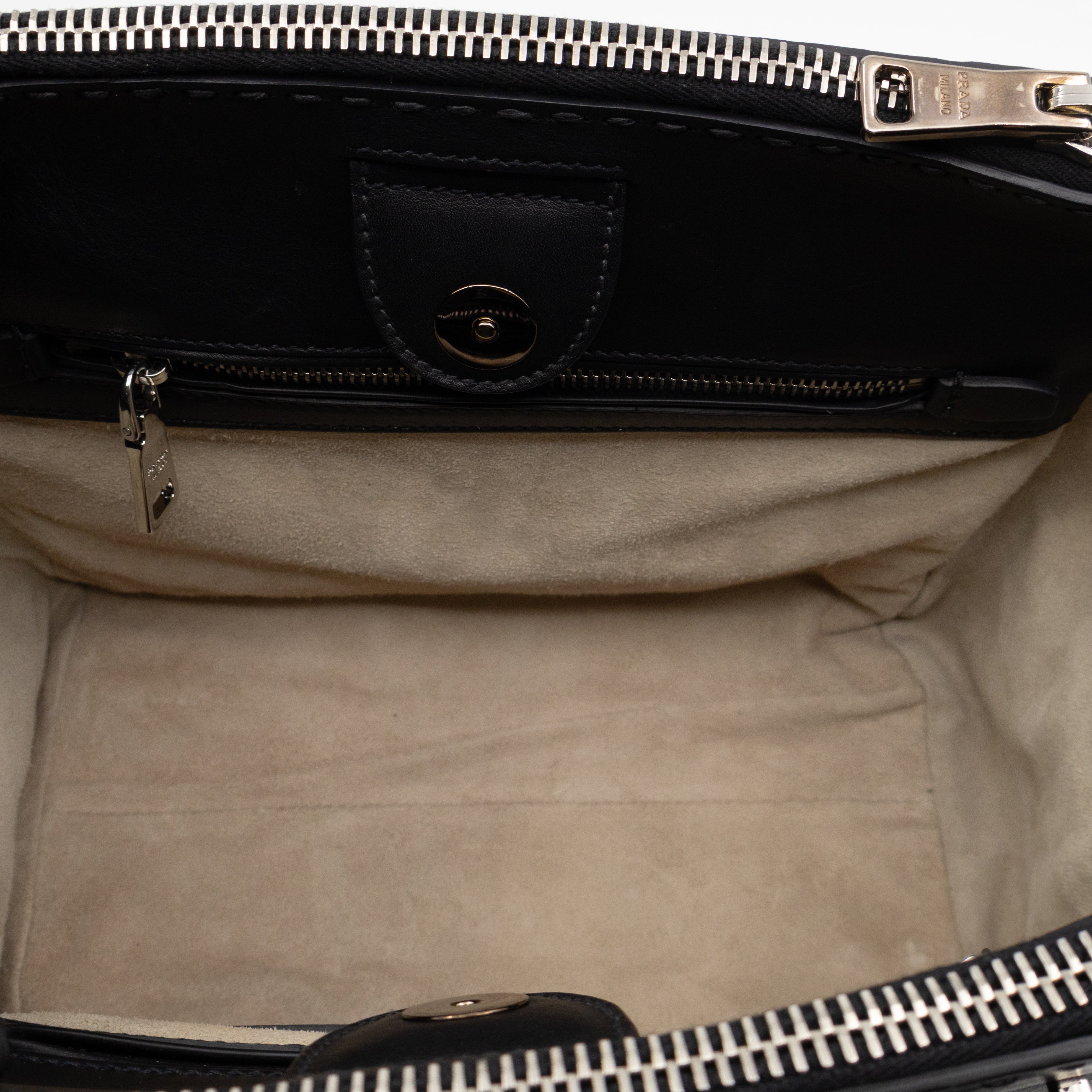 City Stitched Twin Tote Bag Black Calf Leather