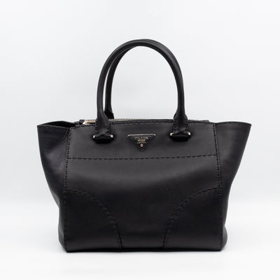 City Stitched Twin Tote Bag Black Calf Leather