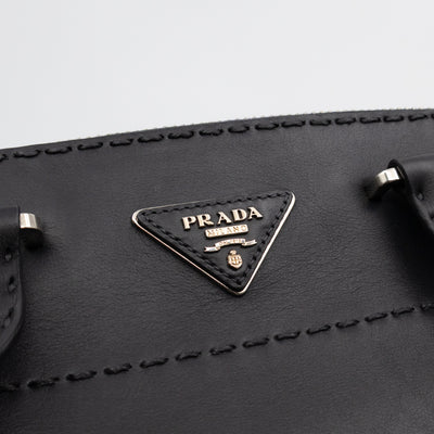 City Stitched Twin Tote Bag Black Calf Leather