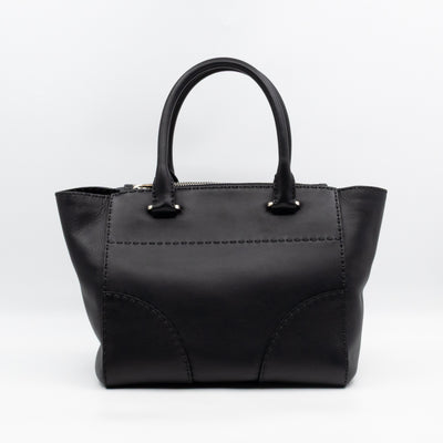 City Stitched Twin Tote Bag Black Calf Leather