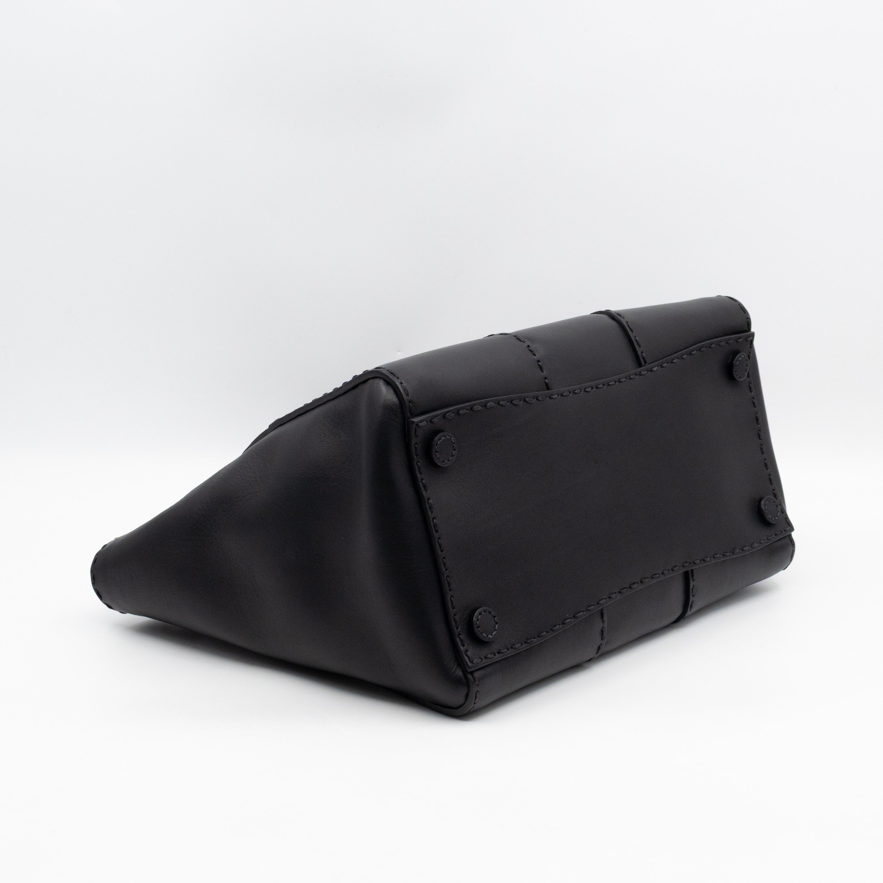 City Stitched Twin Tote Bag Black Calf Leather