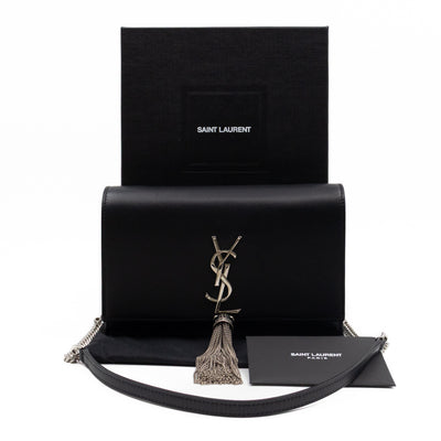 Kate Tassel Chain Wallet Black Smooth Leather Silver