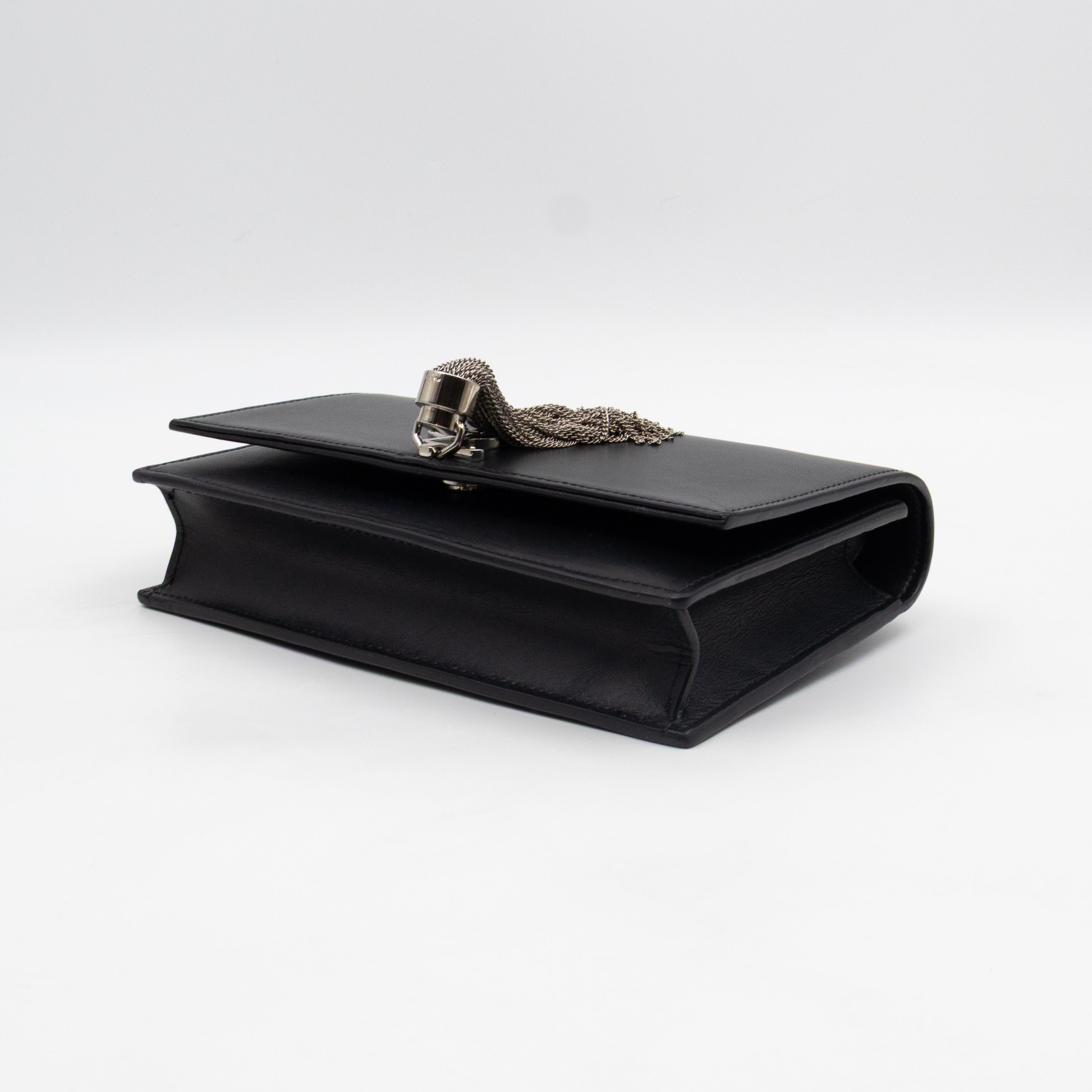 Kate Tassel Chain Wallet Black Smooth Leather Silver