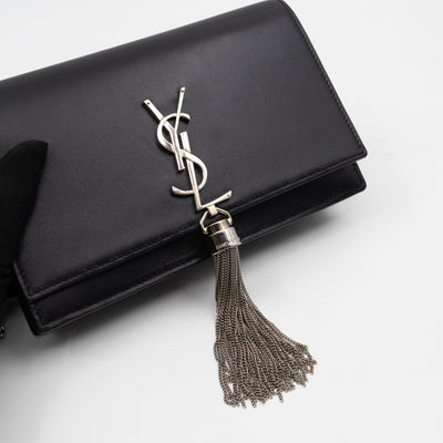 Kate Tassel Chain Wallet Black Smooth Leather Silver