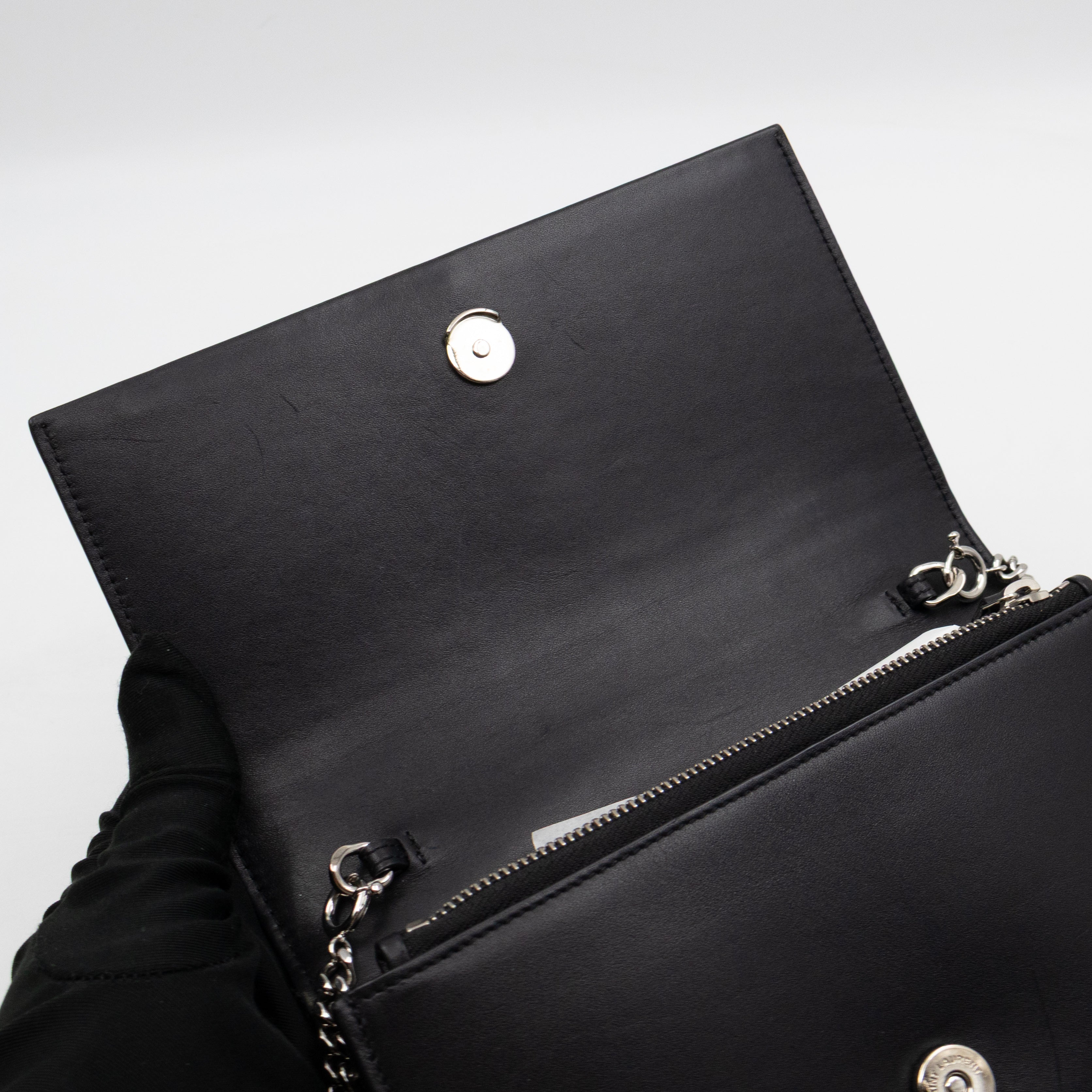 Kate Tassel Chain Wallet Black Smooth Leather Silver