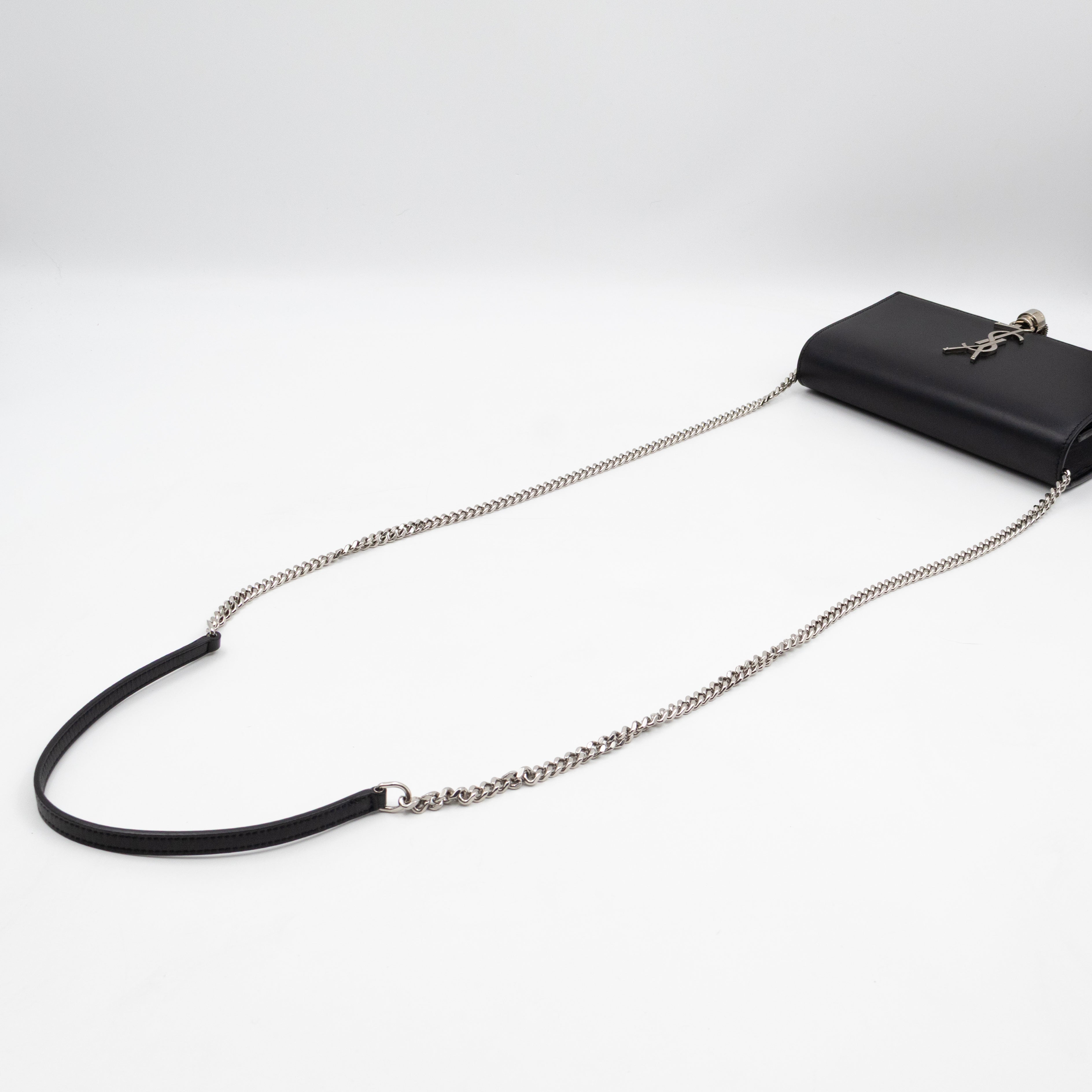 Kate Tassel Chain Wallet Black Smooth Leather Silver
