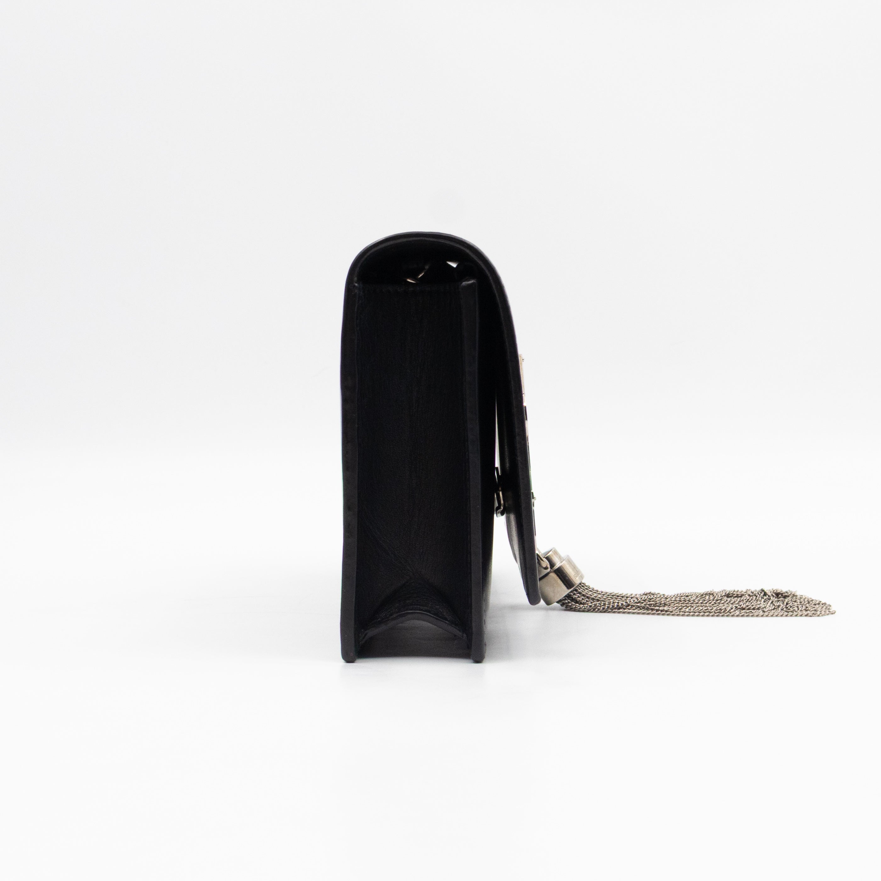 Kate Tassel Chain Wallet Black Smooth Leather Silver