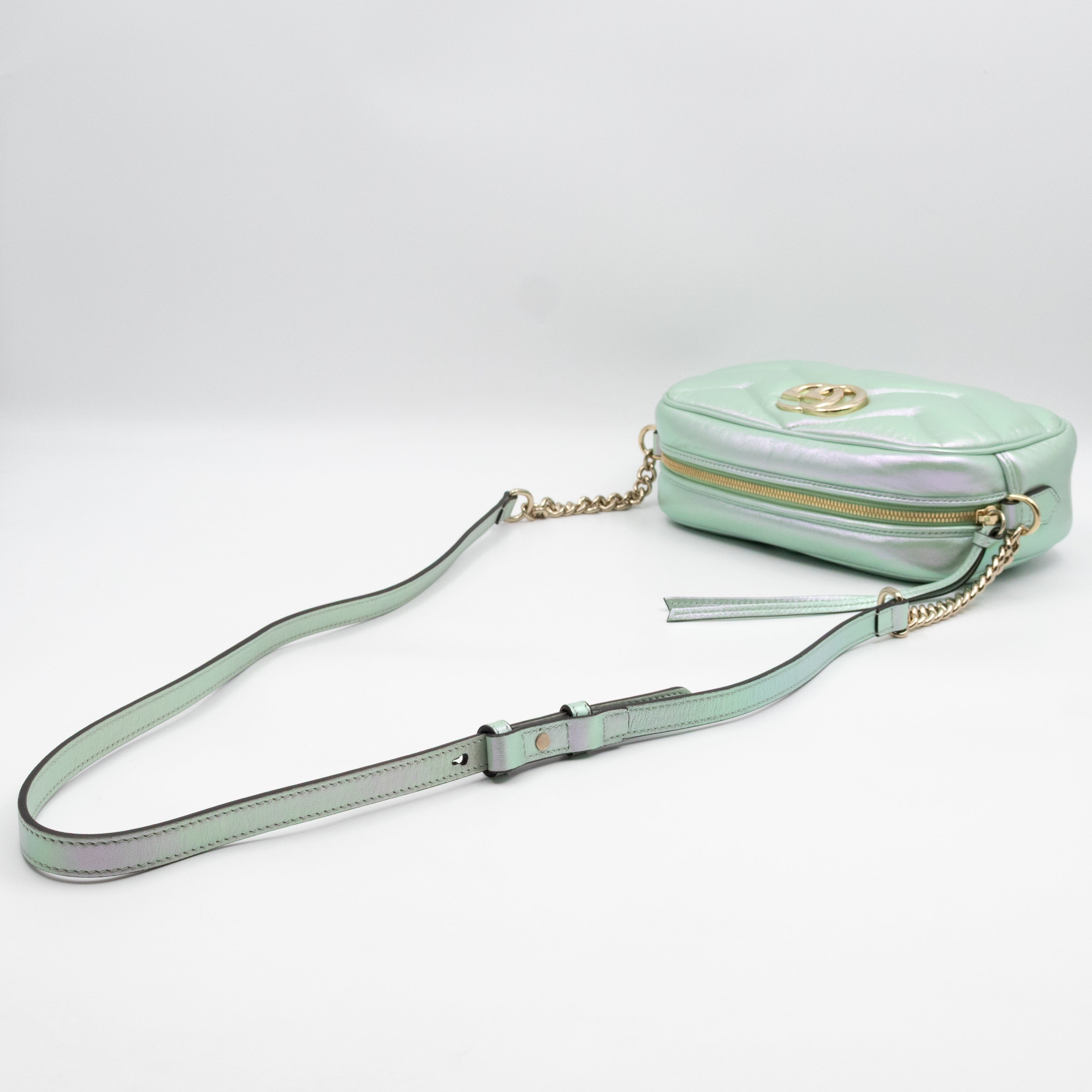 GG Marmont Small Camera Bag Green Iridescent Leather