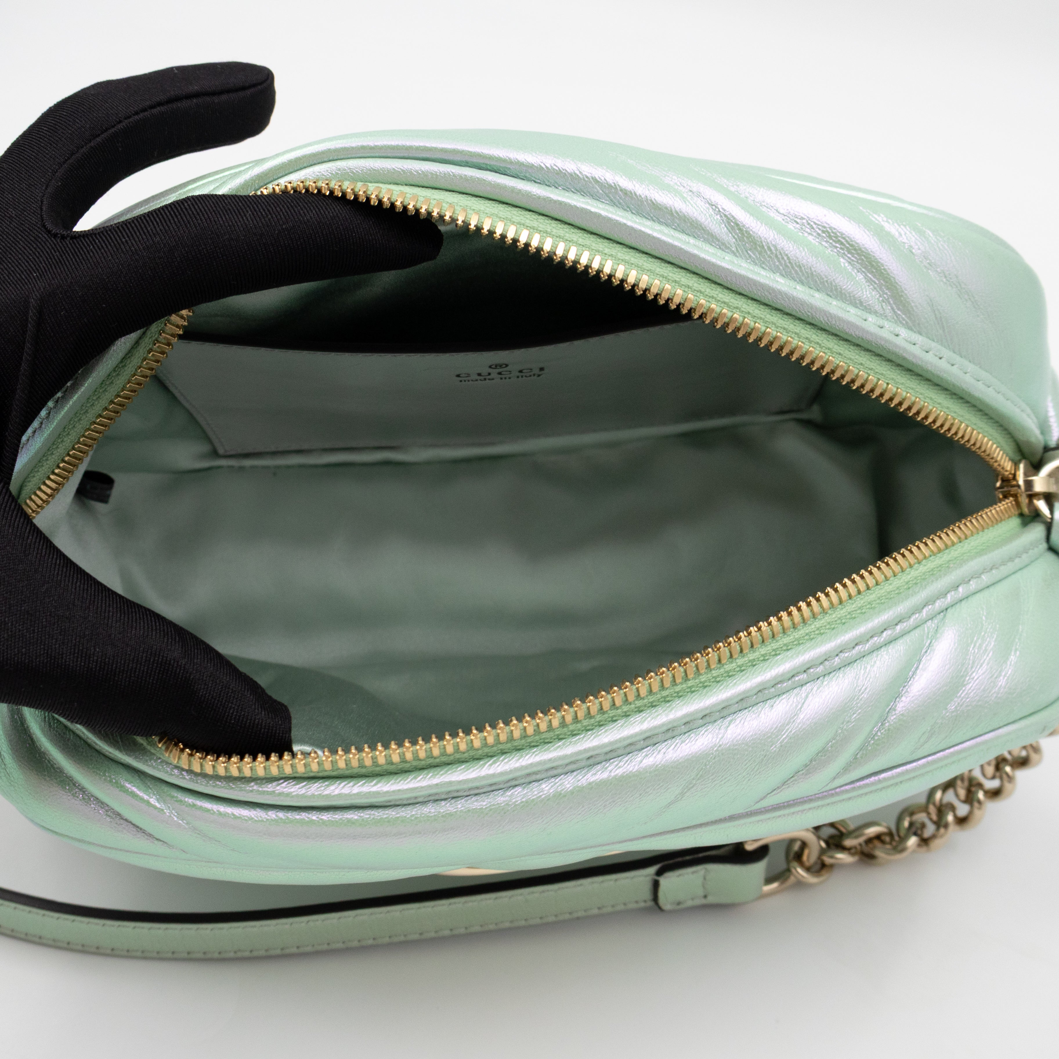 GG Marmont Small Camera Bag Green Iridescent Leather