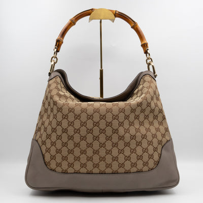 Diana Bamboo Handle Hobo Bag GG Canvas Grey Leather